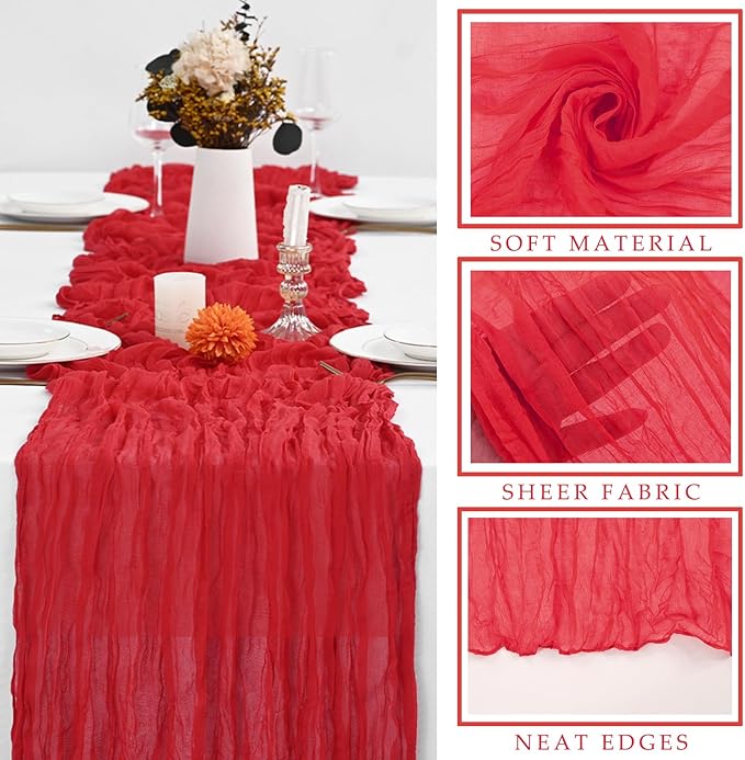 Red 12 Pieces 35 x 120 Inches Long Cheesecloth Table Runner Gauze Fabric 10Ft Boho Table Runner Rustic Sheer Runner for Wedding Baby Bridal Shower Birthday Holiday Party Table Arbor Decor (Red)