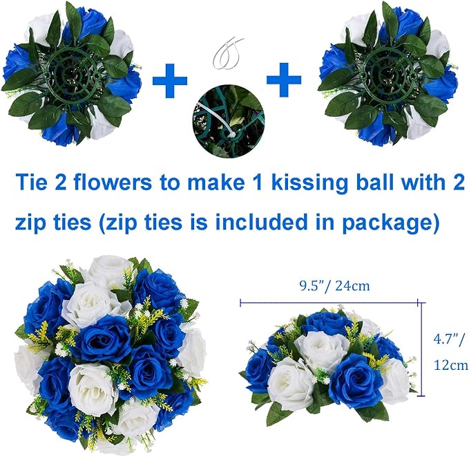 Flower Balls Wedding Rose Centerpieces: 10 Pcs Fake Flowers Royal Blue&White Kissing Balls Decor Artificial Floral Arrangements Flower Bouquet of Roses Home Party Table DIY Decorations
