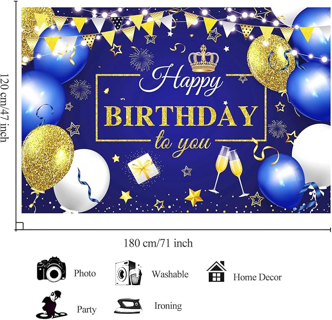 63 PCS Blue Golden Birthday Party Balloons Decorations for Men Women | with Photography Background Backdrop, Happy Birthday Sign Banner, Confetti Balloons