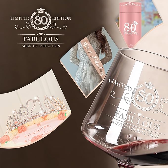 80TH Birthday Gifts for Women,Vintage Engraved 80th Wine Glass,80 Year Old Birthday Decorations For Her,80&Fabulous Sash and Tiara For Women,Friends,Sister-Turning 80th Party Favor Supplies