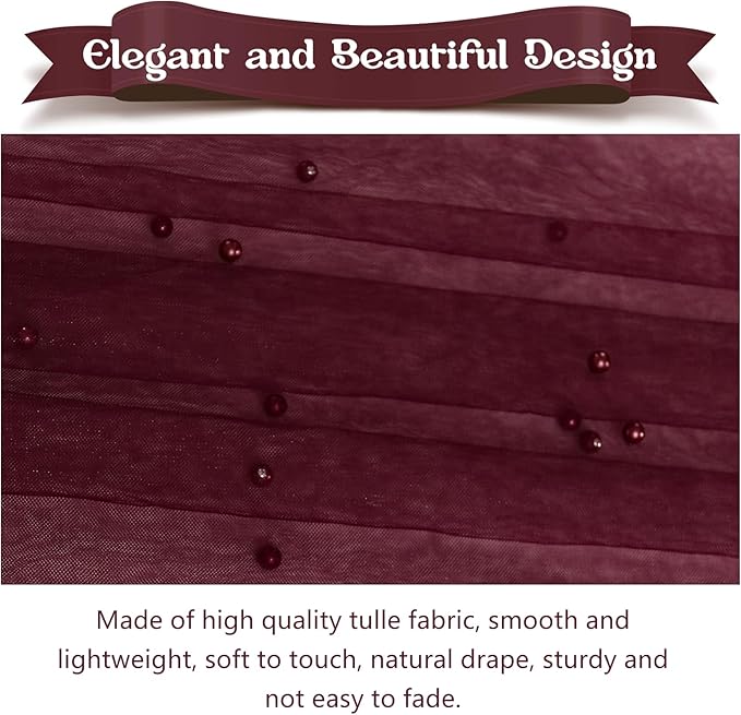 12 Pack 10FT Pearl Table Runner 30x120 Inch Burgundy Tulle Fabric Boho Rustic Sheer Table Runners Lace Table Cloth for Wedding Bridal Shower Birthday Party Arch Veil Dessert Table Decor (Burgundy)
