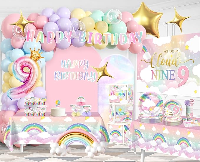Cocomigo 303pcs On Cloud 9 Birthday Decorations for Girls, Worry-free One-stop Set for 25 Guests, with No-DIY Banner Thick Plates and Cupcake Toppers, Easy Setup for 9 Year Old Girl Birthday