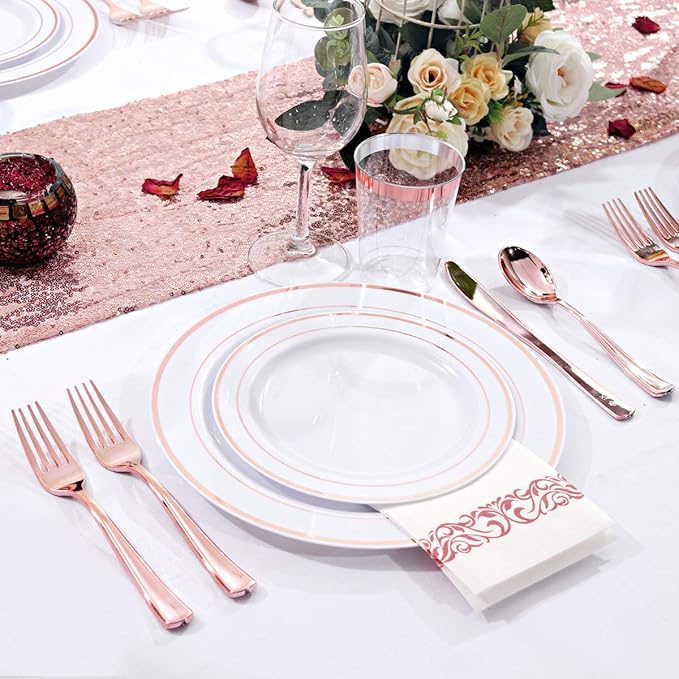 WDF 120 pieces Rose Gold Plates Disposable - Heavy Duty Rose Gold Plastic Plates Perfect for Wedding Party Birthday