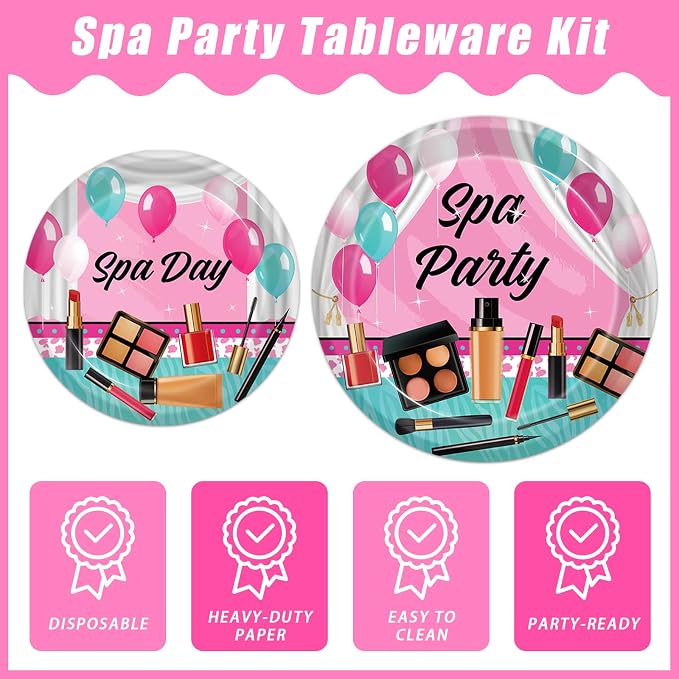 Kepeel 96 Pcs Spa Party Plates and Napkins Set, Spa Day Makeup Party Supplies Decorations for Girls Kids Princess Sweet Pink Make up Theme Birthday Party Tableware Kit, Serves 24