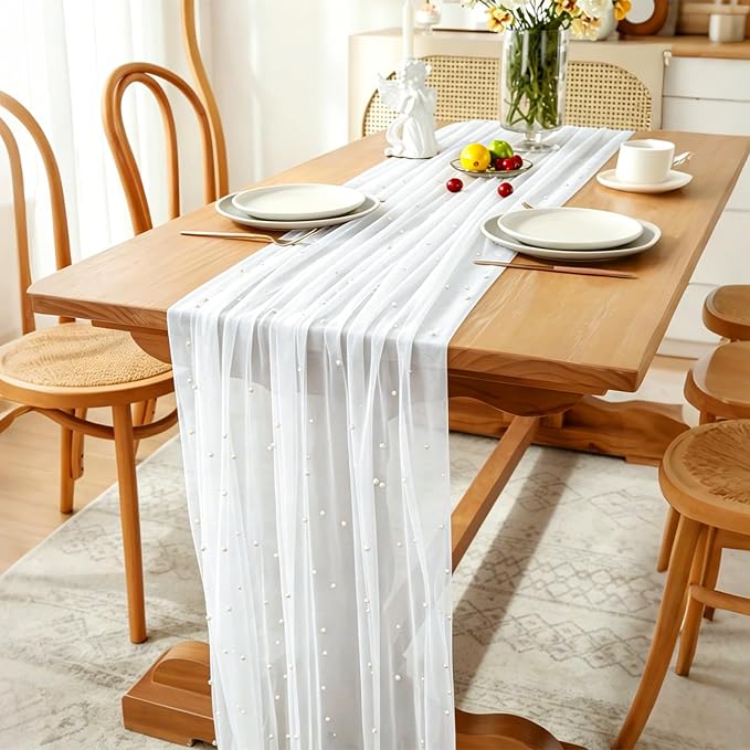 BINBE Pearl Table Runner Spring Summer Rustic Boho 10ft Tulle Table Runner for Baby Shower Wedding Veil Holiday Dessert Table Decor Lvory