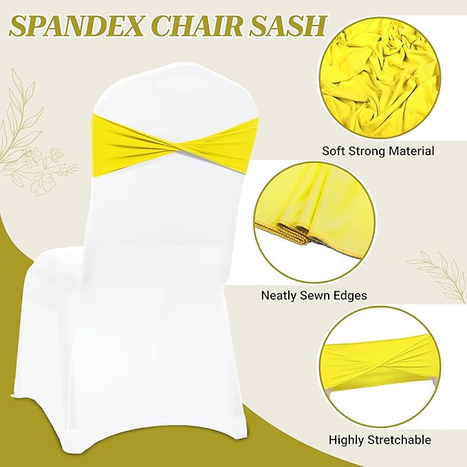MDS Pack of 200 Spandex Chair Sashes Bows Elastic Stretch Dining Chair Bands Ties Without Slider Buckle Universal fits for Wedding Baby Shower Birthday Party Banquet Event Decoration - Yellow