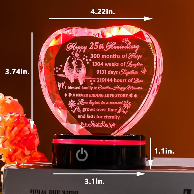YWHL 25th Wedding Anniversary Crystal Heart Gifts for Couple Parents, Romantic 25 Year Anniversary Crystal Keepsake Gifts for Wife Husband with LED Base, 25 Years of Marriage Gifts for Her Him