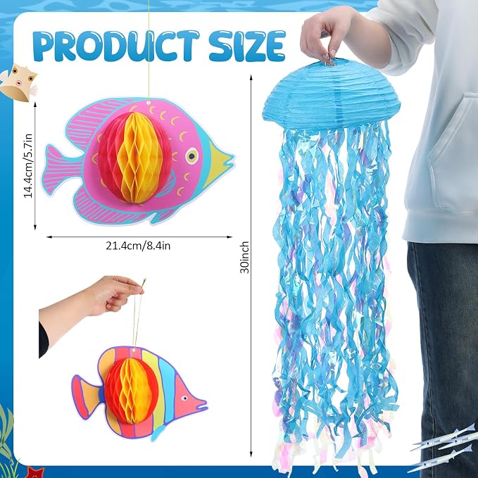 Ceenna 18 Pcs Under the Sea Decorations Kit with 6 Hanging Jellyfish and 12 Tropical Fish, for Mermaid Birthday Party, Ocean Shower, Nautical Wedding, and Beach Classroom Decor(6 Types of Fish)