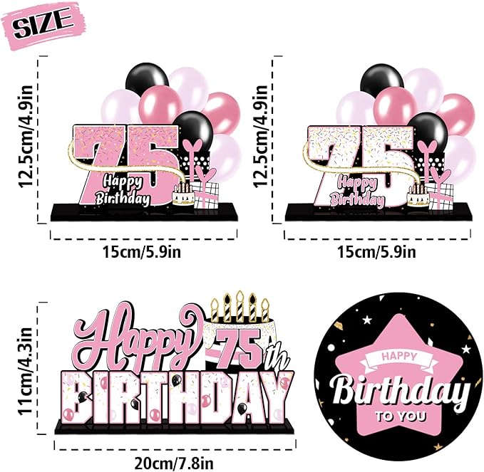 LINGTEER Happy 75th Birthday Pink Acrylic Table Topper Centerpieces Set - Cheers to 75 Years Old Birthday 75th Bday Party Gift Decorations.