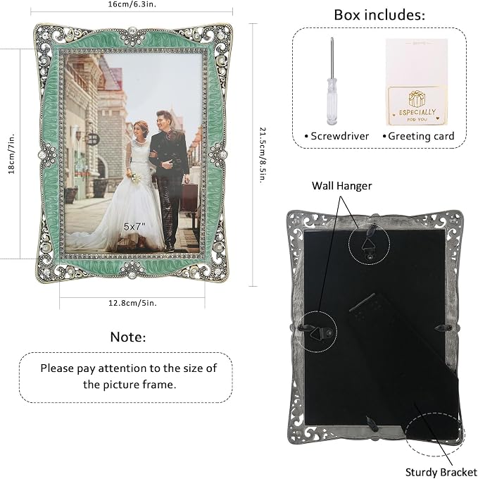 5x7 Vintage Green Picture Frame with Brass Metal Photo Frame Ornate Antique Art Decor, Clear Glass Front, Unique Gifts for Couple Women Wedding Mothers Day, Horizontally & Vertically