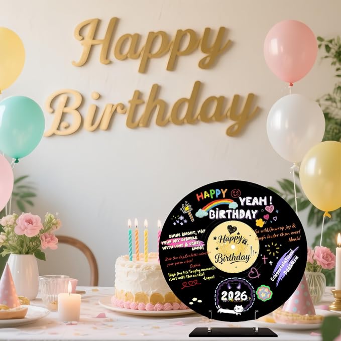 ReeGii Vinyl Record Guest Book for Birthday Decorations - Large 11.6"x11.6" Birthday Party Sign Poster with 12 Pens,Unique Keepsake Gift for Friends and Family