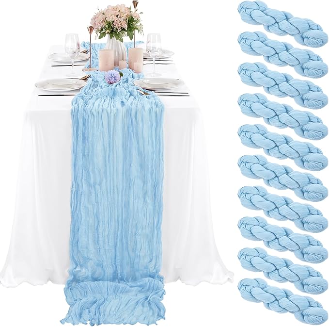 10 Pcs Baby Blue Cheesecloth Table Runner 10FT, Gauze Table Runner for Wedding Reception Sheer Bridal Shower Birthday Party Boho Table Decoration, Rustic Romantic Wedding Runner