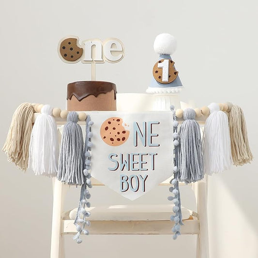 DCJHFJ Cookies One Sweet Boy High Chair Banner for Cookies Theme 1st Birthday Party Decorations with Birthday Hat