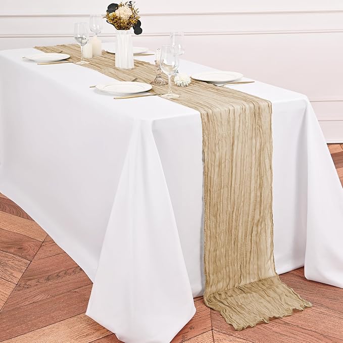 24 Pack Beige Table Runner 10Ft Cheesecloth Table Runner Rustic Gauze Table Runners Romantic Long Sheer Fabric Cheese Cloth Table Runners for Wedding Party Bridal Baby Shower