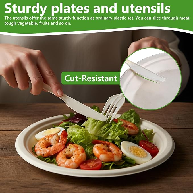 500Pcs Compostable Paper Plates Set Party Supplies Severs 100 Guests Disposable Party Plates Heavy-duty Utensil Disposable Party Plate Fork Knives Spoon Napkin Dinnerware for Birthday Wedding Camping