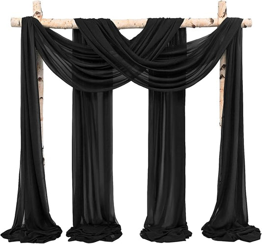 Wedding Arch Draping Fabric,4 Panels 28" x18ft Black Wedding Arch Drapes for Ceremony Sheer Chiffon Fabric Drapes Arbor Drapery Decorations for Reception Party