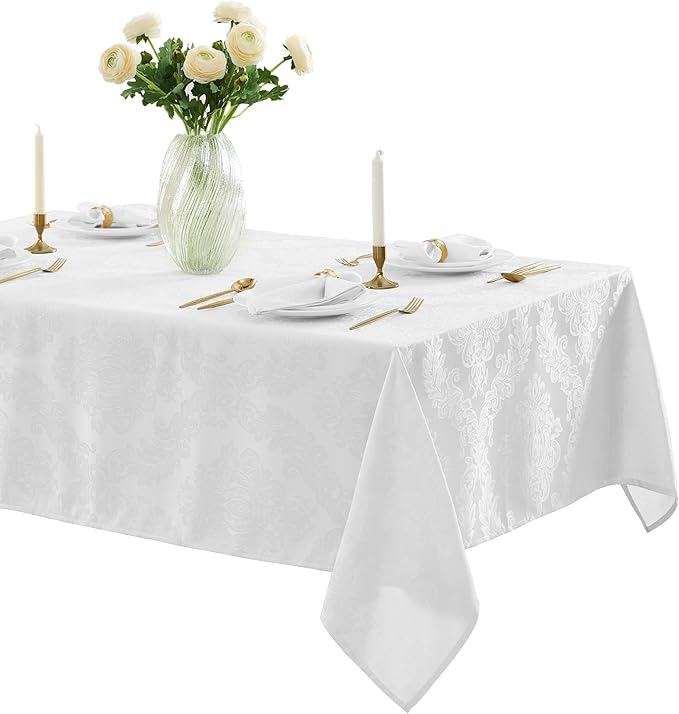 Newbridge Barcelona Luxury Damask Fabric Tablecloth, 60” Wide x 120” Rectangle, White, 100% Polyester, No Iron, Soil Resistant Dining Room, Party and Banquet Table Cover