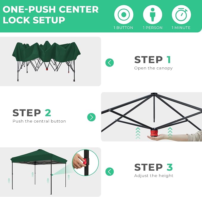 JEAREY 10x10 ft Pop Up Canopy Tent, Heavy Duty Outdoor Canopy with 1-Push Instant Setup, Commercial Tent with Roller Bag, 4 Sandbags and 8 Stakes, Water-Resistant – Dark-Green
