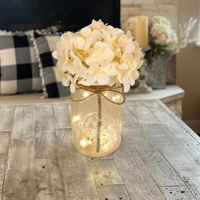 Set of 3 Mason Jar Lights, Champagne Hydrangea Holiday Table Decor | Farmhouse Table Centerpiece for Home Wedding Event Party Decor
