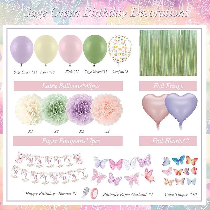 Fairy Birthday Party Decorations Set, Fairy Themed Party Decorations, Green Purple Pink Yellow Balloons Butterfly Banner for Birthday Decorations Spring Tea Party