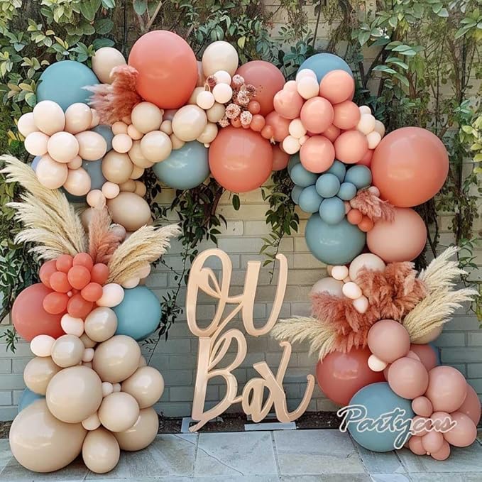 Dusty Pink Blue Balloon Garland Double Stuffed, Peach White Sand Blush Gender Reveal Balloon Arch Kit for Baby Shower Boho Birthday Bear Party Decoration