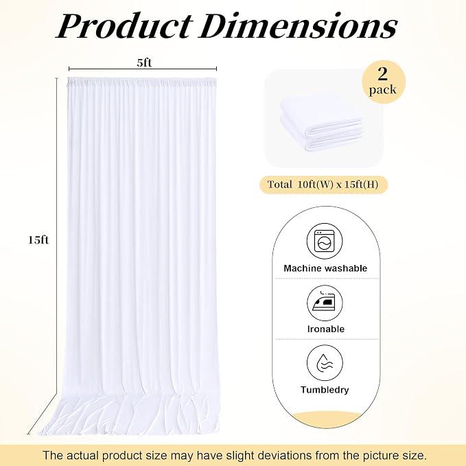 10ft x 15ft White Backdrop Curtains for Wedding Parties, 2 Panels Wrinkle Free Fabric Drapes Photo Back Drop Cloth for Baby Shower Birthday Stage Reception Lobby Decoration