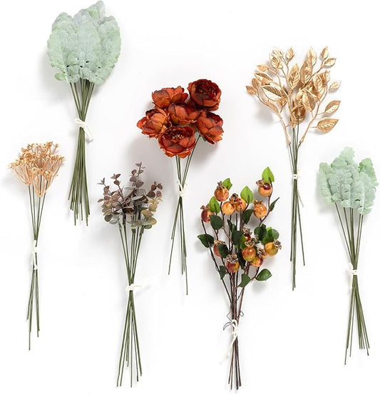 Ling's moment Artificial Greenery Stems Box Set, 53pcs with 7 Kinds of Faux Greenery Picks for DIY Bridal Bouquets Wedding Floral Arrangement Table Centerpieces, Terracotta & Green