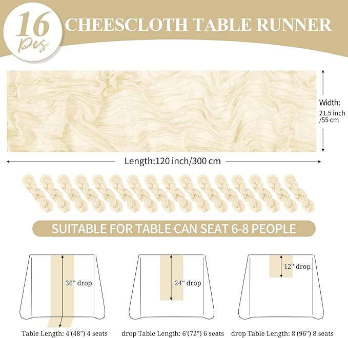 16 Pack 10Ft Cheesecloth Table Runner Ivory, 20 x 120 Inch Rustic Gauze Boho Cheese Cloth Runners Wedding Long Table Runner for Wedding Party Bridal Shower Table Decoration