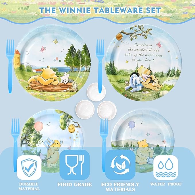 300 Pcs Winnie Bear Baby Shower Plates and Napkins Tableware Set, Plates Napkins Cups Straws and Forks Sets, Winnie Baby Shower Decorations Birthday Party Supplies, Serves 50 Guests