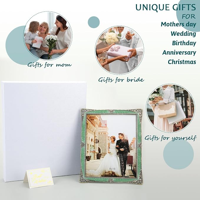 8x10 Vintage Picture Frame with Green Metal Brass Pearl for Wedding Decoration Photo Frame, Clear Glass Front Cover Ornate Antique Art Tabletop Display Unique Gifts, Horizontally & Vertically