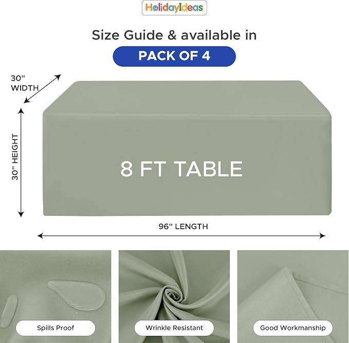 HolidayIdeas 4-Pack 8ft Sage Green Rectangle Craft Shows Fitted Tablecloth | Wrinkle resistant table covers; bulk quantity pack for professional trade exhibition displays or vendor booths