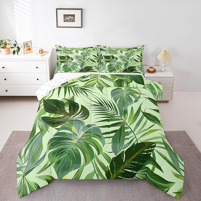 jejeloiu Green Palm Leaf Comforter Set Full Size Kids Tropical Leaves Pattern Green Bedding Set for Boys Girls Summer Tree Branches Nature Theme Duvet Quilt Room Decor