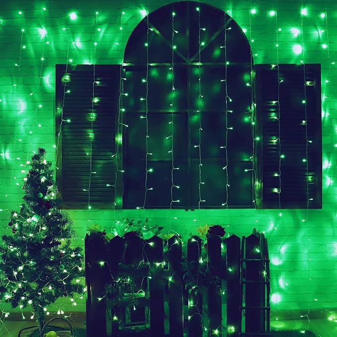 HEYFUNi Green Christmas Curtain Lights, 304 LED 9.8FT x 9.8FT Window Lights | Green Hanging Fairy Lights with 8 Modes, Waterproof Window String Lights for St. Patrick’s Day, Party, Bedroom Wall Backdrop