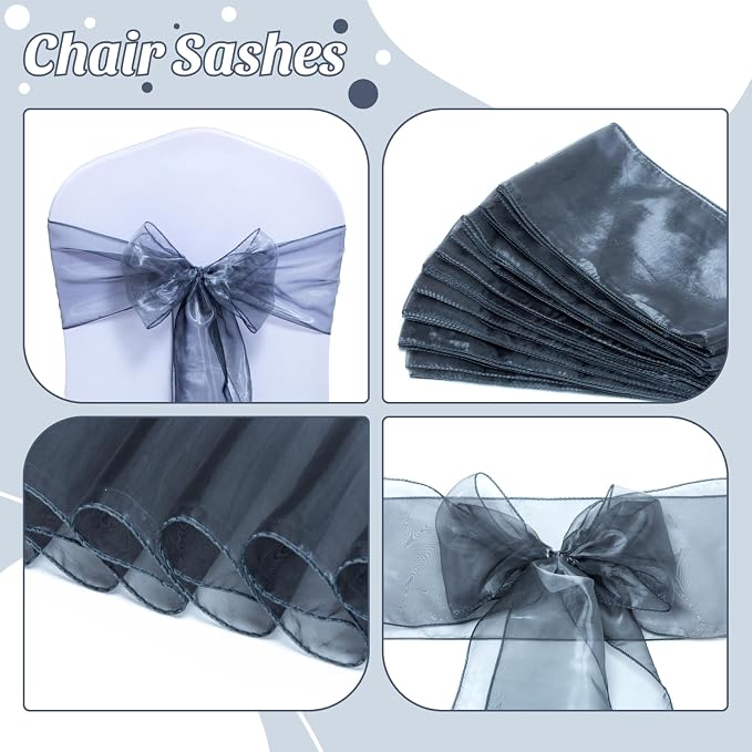 MDS Pack of 250 PCS Organza Chair Sashes Wider Dining Chair Bows Ribbon Tie Back for Wedding Party Birthday Bridal Shower Reception Event Banquet Home Chair Cover Decoration - Silver Gray