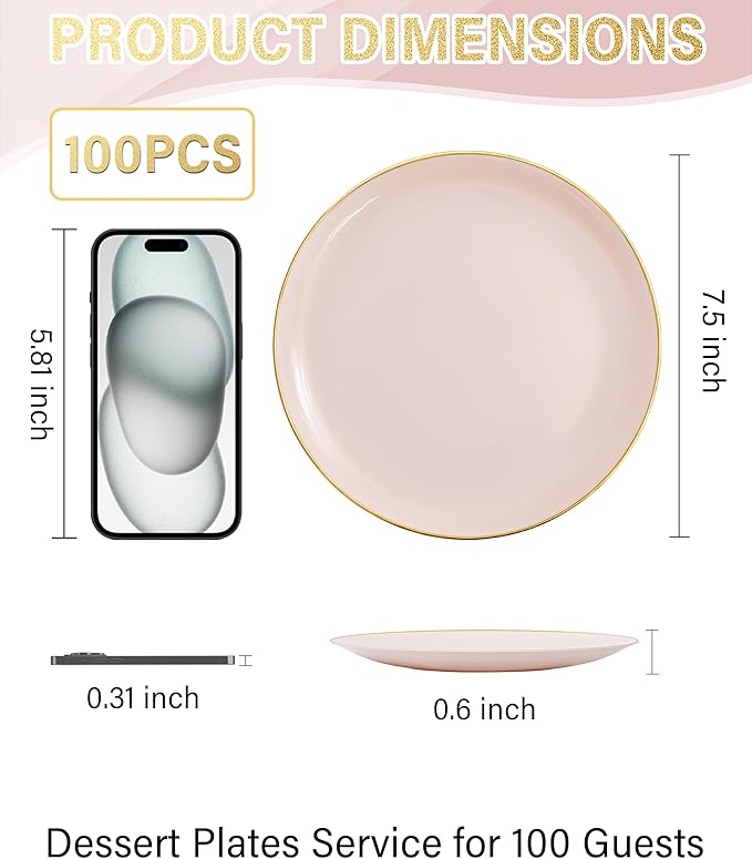Nervure 100Pieces Pink and Gold Plastic Plates - 7.5inch Disposable Pink Salad/Dessert Plates - Heavy Duty Plastic Plate Ideal for Wedding & Party & Mother's Day