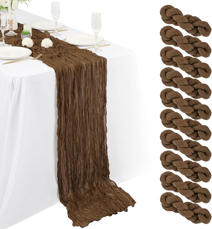 10 Packs Cheesecloth Table Runner Brown, 10Ft x 35" Rustic Gauze Boho Wedding Table Runner Decoration, Wedding Table Decor Table Cloth for Wedding Party Bridal Shower Table