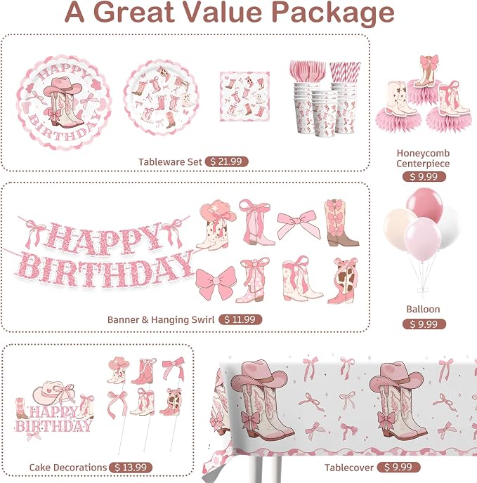 Xynic 213pcs Boots and Bows Party Decorations, Convenient Paper Tableware Set Includes 50pcs 350gsm Plates 24pcs Cupcake Toppers and 2 Pcs Tablecloths, Cowgirl Birthday Party Decorations for Girl