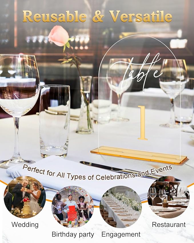 Arched Wedding Table Numbers 1-10 with Stands 5.5 x 7” Gold Number Clear Acrylic Table Numbers Signs for Wedding Reception, Anniversary, Event, Party(1-10)