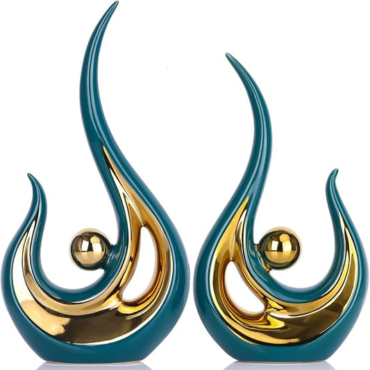 XMGZQ Teal Home Decor,Green and Gold Couple Sculpture,Green Ceramic Statues,Teal Modern Abstract Art Ceramic Statue, Decoration for Living Room, Coffee Table Centerpiece Great Gift Idea