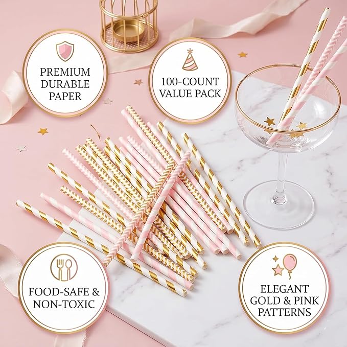 ALINK Biodegradable Paper Straws, 100 Pink and Gold Straws for Party Supplies, Birthday, Wedding, Bridal/Baby Shower, Christmas Decorations and Holiday Celebrations