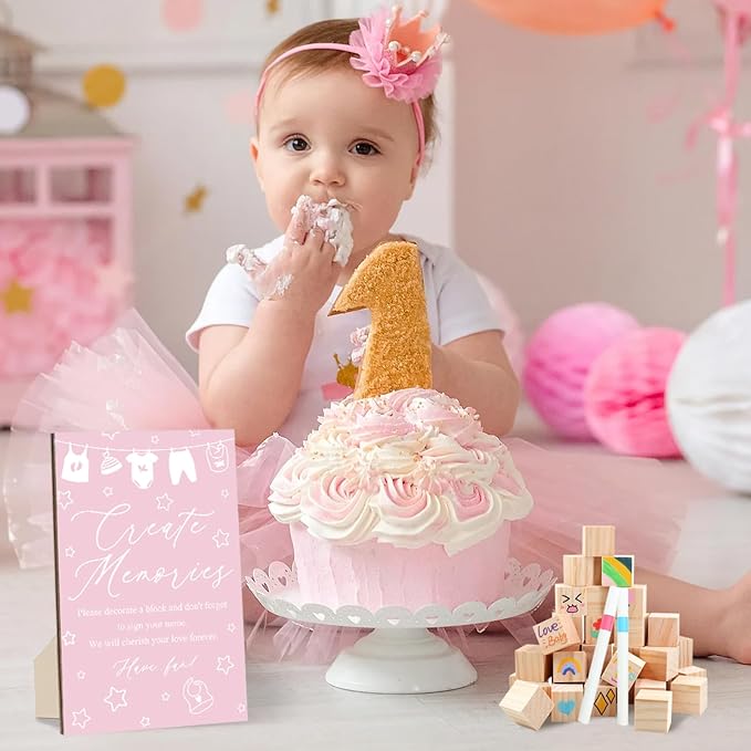 97 Pcs Pink Baby Shower Games Sign Kit,Including Decorate a Block Game Sign 72 DIY Blank Wooden Block 24 Pen to Draw Your Idea for Baby Shower Game Gender Reveal Party
