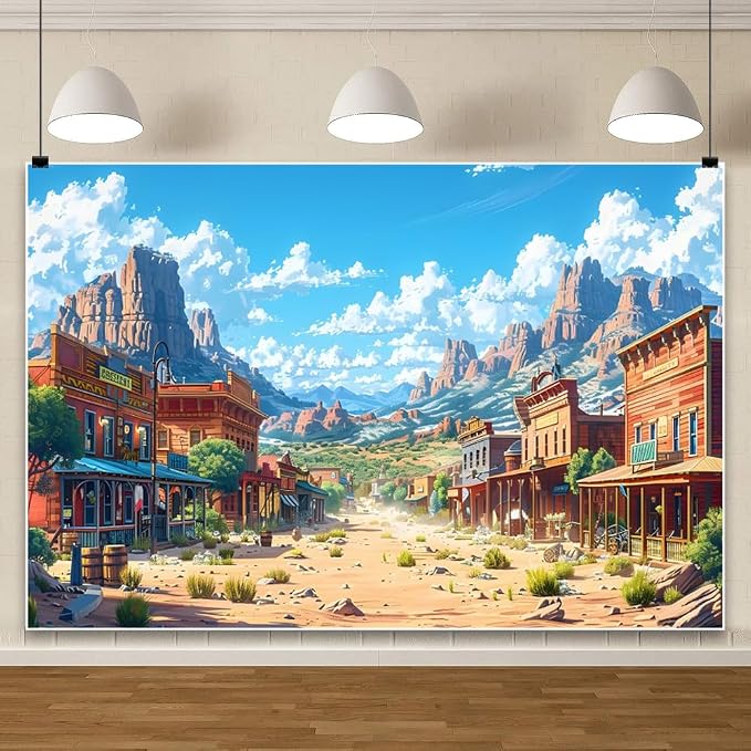 Western Backdrop 8x8ft for Western Party Decor&Photography | Thicker Vinyl Clear Image Cartoon Wild West Desert Cowboy Town for Large Western Theme Birthday Party Camping Wedding Decor