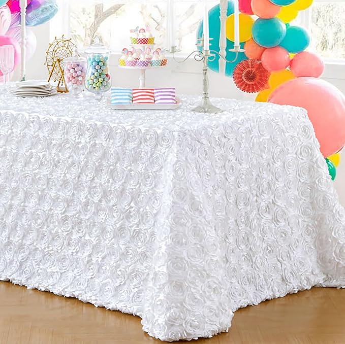 B-COOL Rosette Tablecloth Rectangular White Table Cover 3D Floral Satin Tablecloth Birthday Party Table Covers Boho Wedding Decor 90x156 Inch