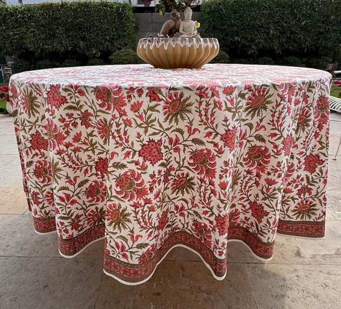 Ridhi Round Tablecloth Hand Block Print 100% Cotton Reusable New York Pink 110 Inch Table Cover Decorative Everyday Use for Dining, Home, Party, Wedding, Farmhouse, Party Gift for Spring, Mother's Day