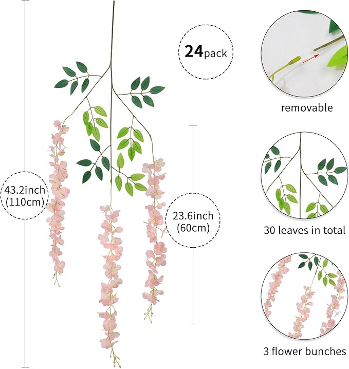 24 Pack Artificial Wisteria Hanging Flowers Fake Wisteria Flower Garland Silk Vines Rattan Decor for Home Wedding Arch Wall Garden Greenery Bedroom Outdoor Office Party Decoration (Light Pink)