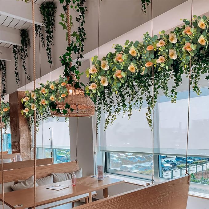 5.74 FT Artificial Poppies Flower Garland, Floral Garland Greenery Vines with Eucalyptus Hanging Flowers Vines for Home Wedding Mantle Table Outdoor Decor (Coral)