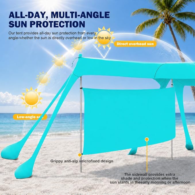 Large Beach Tent Sun Shelter with Sidewall, UPF80+ UV Protection Beach Tents Shade Canopy with 8 Sandbags, 4 Stability Poles for Sand, Camping, Fishing, Outdoor Tent Sun Shelters (11x11ft, Turquoise)