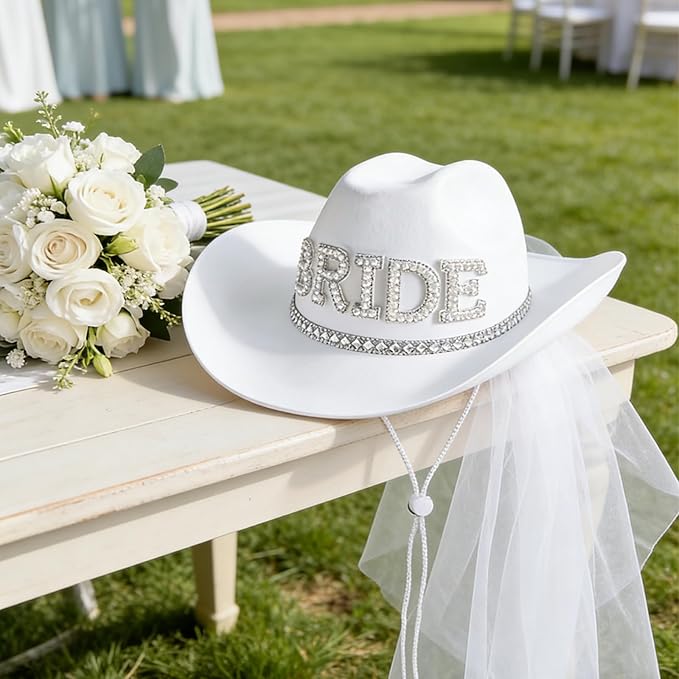 Delphinus Bridal Cowboy Hat, Bronzing Bride Cowgirl White Velvet Fur Veil Favors Women Felt Party Hat,Bachelorette Party Bride to Be Gift