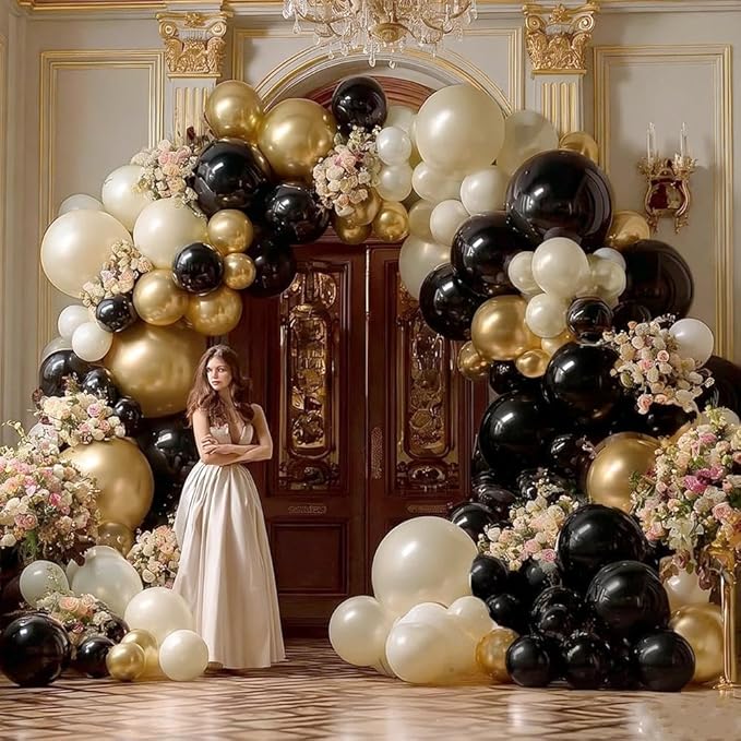 Black White Gold Balloon Garland Double Stuffed, Pearl Sand Champagne Gold Balloons Cream Beige Balloon Arch Kit for Birthday Graduation Wedding Bachelorette Engagement Party Decorations