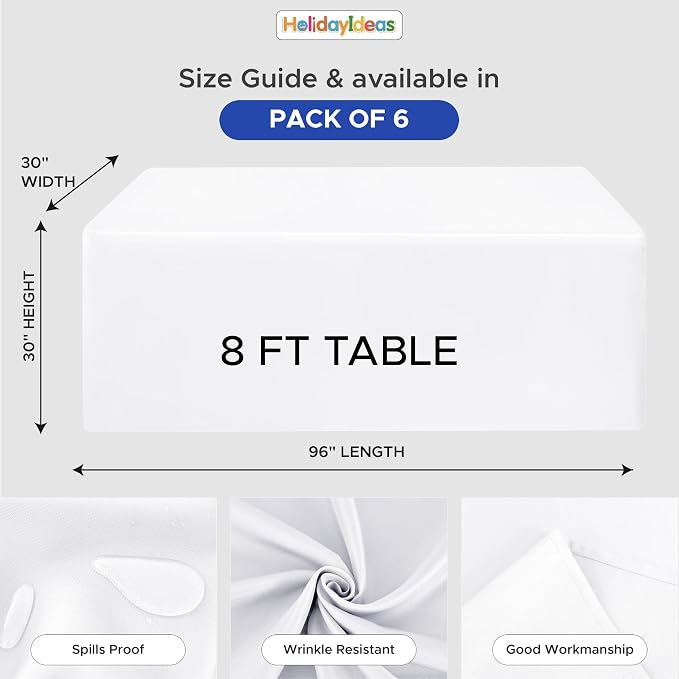 HolidayIdeas 6-Pack 8ft White Rectangle Craft Shows Fitted Tablecloth | Wrinkle resistant table covers; bulk quantity pack for professional trade exhibition displays or vendor booths